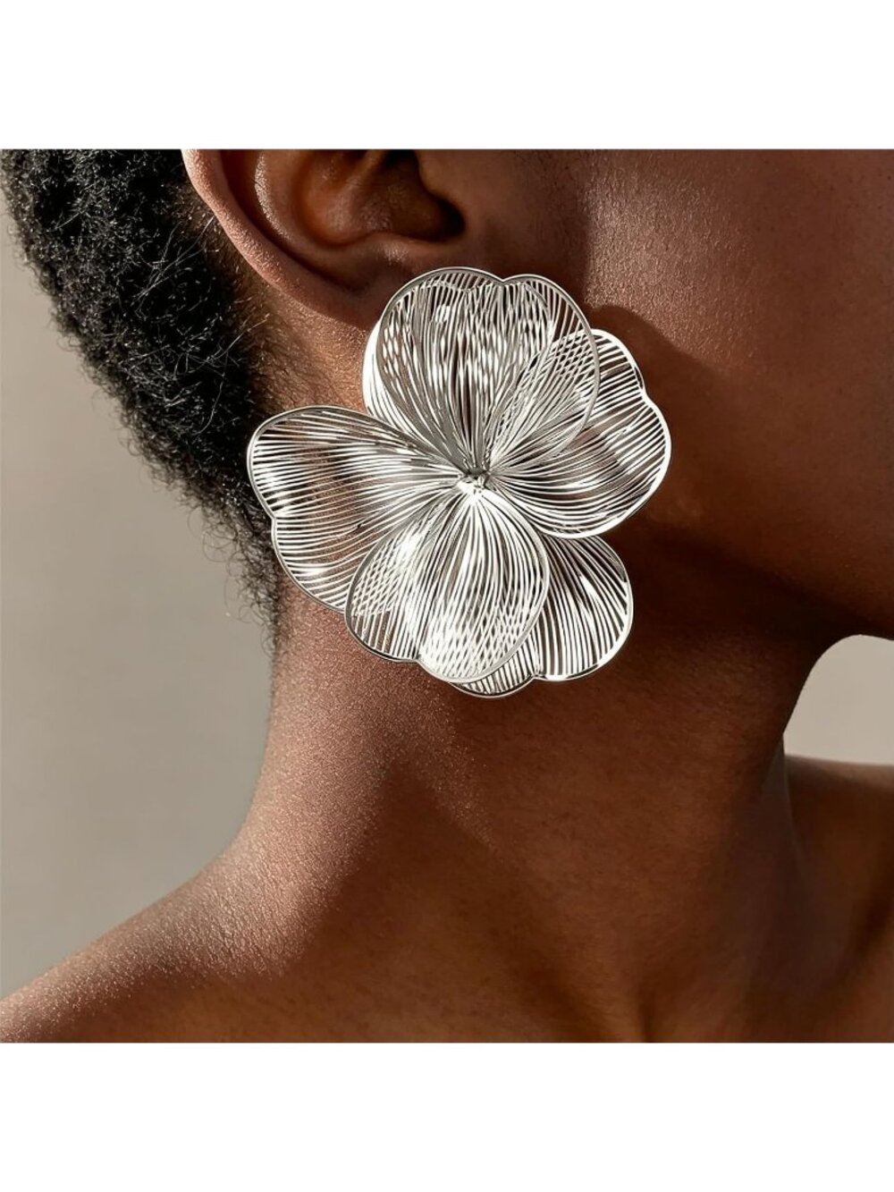 Women's Silver Flower Stud Filigree Statement Large Floral Petal Earrings - Picture 3 of 6
